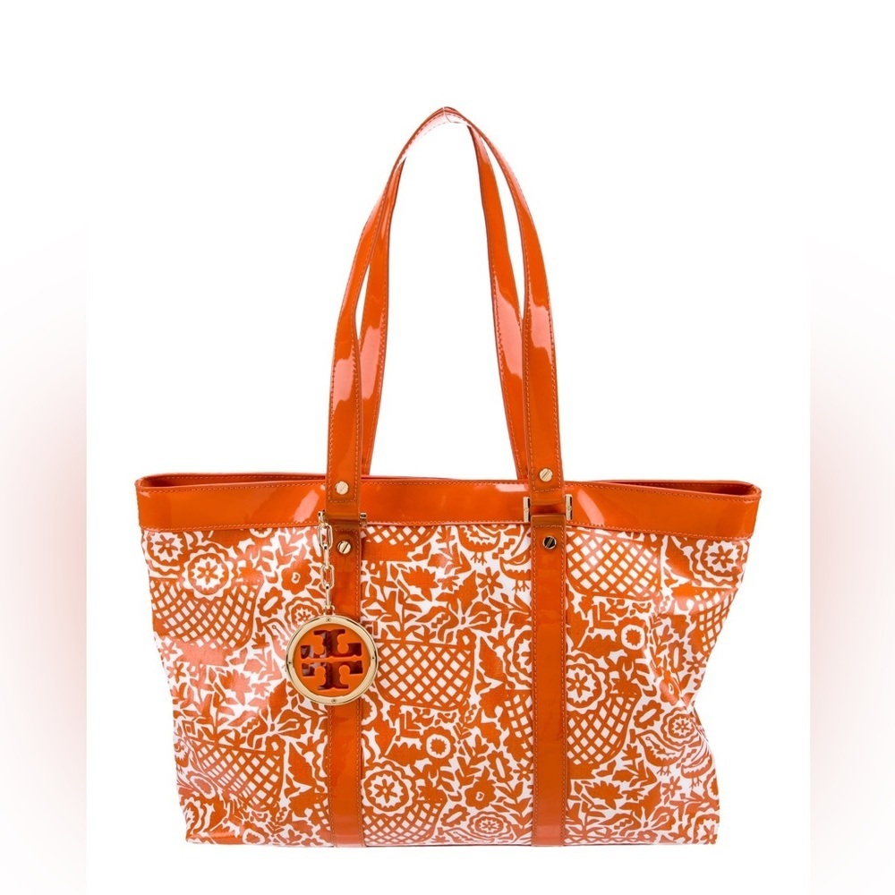 Tory Burch Coated Canvas Floral Orange and White Tote